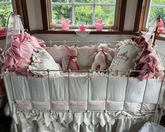 Iron baby crib, Fenton glass
