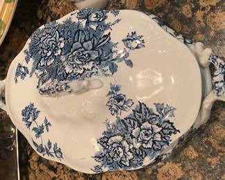 Antique Blue and White Transferware Covered Bowl