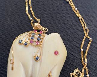 14K Gold Accent Bone Elephant with 14K Gold Chain