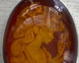 Intaglio Amber Cameo Pendant with Silver Mount and Marking
