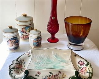 French Majolica Asparagus Platter • Fenton 16” Vase w/ Sticker • Hummel Canister Set of 3 