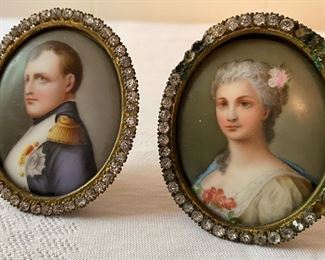 Antique Miniature Napoleon Jeweled Framed Hand Painted 24k Gold Plated • Sold As Pair