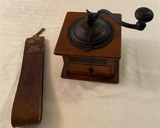 Vintage Barber Shop Leather Strop • Antique Arcade Coffee Grinder 