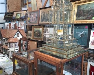 Antique Display Cabinets, 45 records, Glass Skyscraper, Many Vintage Artworks and Frames