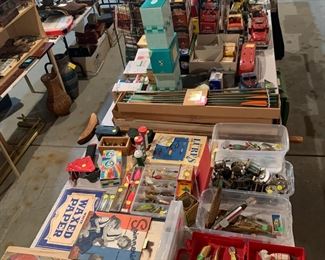 Fishing lures, reels, vintage Creel. Arrows, Kiddie car Classics