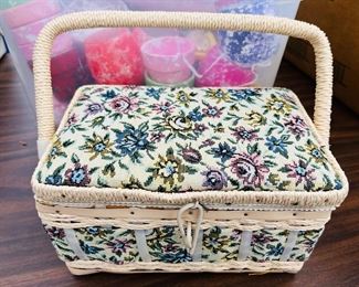 Old sewing basket filled with sewing supplies new in the packaging consist of buttons, needles, yarn etc. $15