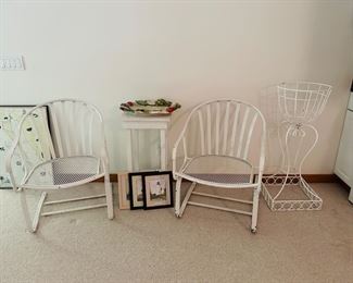 Vintage metal outdoor chairs and plant stand