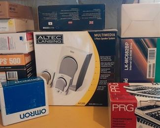 Assorted Computer Tech Components Speakers, Programmer, Hard Drives