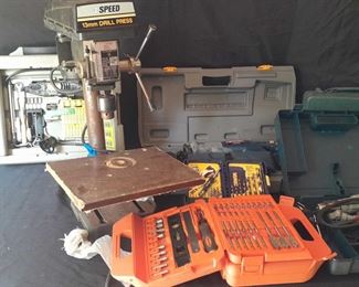 Assorted Tool Lot Drill Press, Ryobi, Irwin, Milwaukee