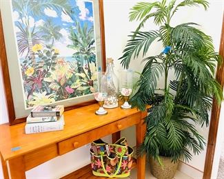 fine silk plants, tropical art, console table
