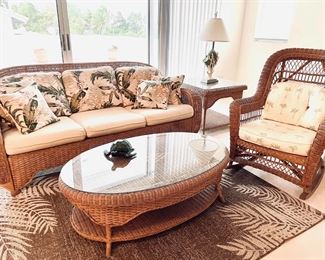 lexington wicker henry link sofa, coffee table, rocking chair, rug