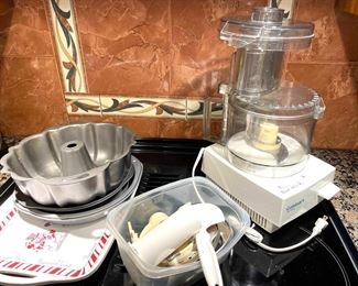 misc pots, pans, food processor, bundt