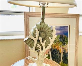 assorted lamps: shell-filled, faux coral, glass buoy style, pelican, etc. 