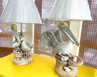 assorted lamps: shell-filled, faux coral, glass buoy style, pelican, etc. 