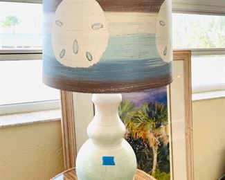 assorted lamps: shell-filled, faux coral, glass buoy style, pelican, etc. 