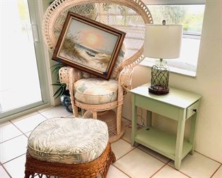 fan chair, art, wicker ottomans and sidetables