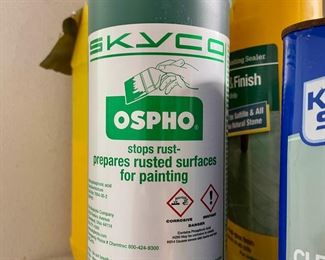 misc opened and partial paint, stains, chemicals, caulk, etc. 