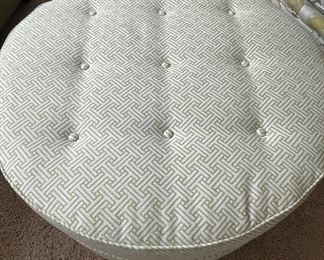 Tufted White and Gold Ottoman with Geometric Design
