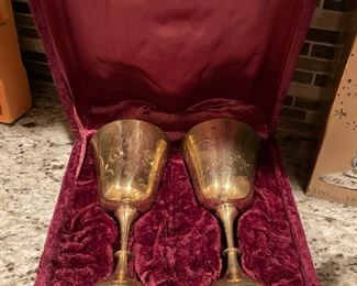 Set of 2 Engraved Brass Goblets