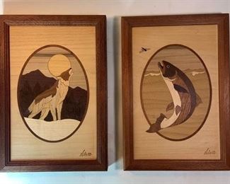 Hudson River Wood Inlay pieces - wolf,  trout