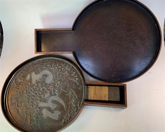 Vintage Japanese brass mirror with matching case
