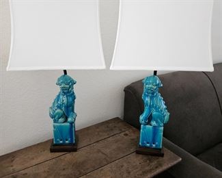 Set of Blue Foo Dog Ceramic Table Lamps