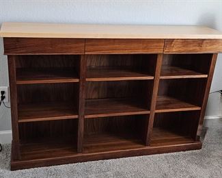 Hand made Shelf unit with lighter wood top and three drawers across the top