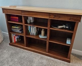 Hand made Shelf unit with lighter wood top and three drawers across the top