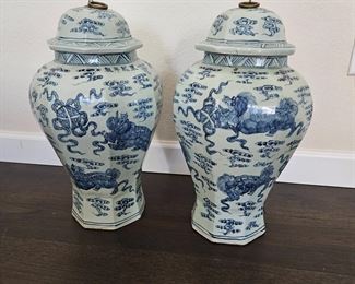 Pair of 19th Century Lidded Ginger Jars made in England in Asian Fashion