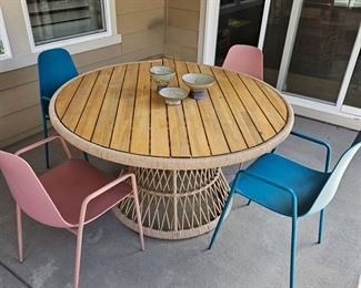 Wicker and wood slat pedestal patio table chairs included
