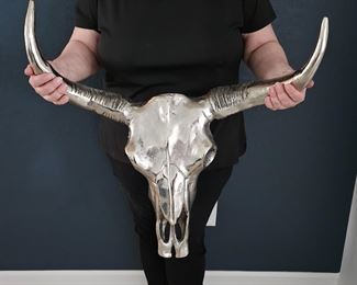 Polished Nickel Metal Longhorn Skull To Hang on Wall - 17"T x 25" Span