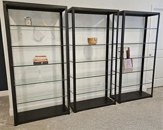 Room and Board Set of Three Glass Bookshelves with Black Metal Frame