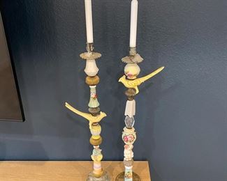 Whimsical Set of Candle Sticks Artisan Made with Antique Salt & Pepper Shakers