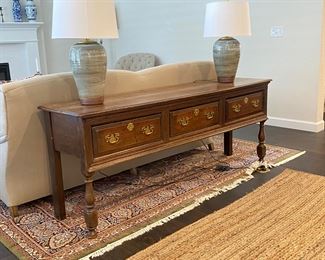Circa 1850 English Console / Buffet Table Solid English Oak with Three Drawers and Original Hardware