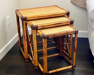English 1920's Bamboo Nesting Table Set w/ Wrapped Corners, Cane Details and Beautifully Woven Top- this trio is a great space saving solution