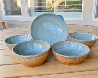 Rustic Hand-Thrown Studio Art Pottery 5pc. Bowl Set. Organic shape in Sage Green Glaze