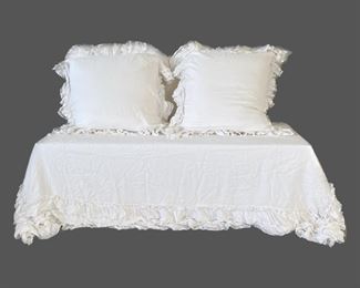 Set by Rachel Ashwell Shabby Chic Couture King Coverlet & Euro Shams in White Whisper Linen w/ Double Ruffle Lace 