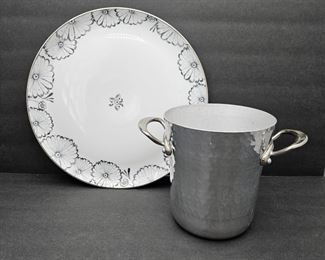 Mauviel 1830 Hammered Aluminum Ice Bucket from France plus Round 13" Serving Platter from Portugal