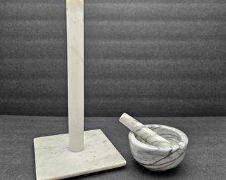 Set of Two Marble Items, A Paper Towel Holder and A Mortar & Pestle for Grinding Herbs