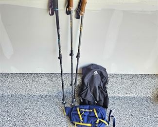 Set of Walking Sticks, Patagonia Fanny Pack & Solomon Back pack