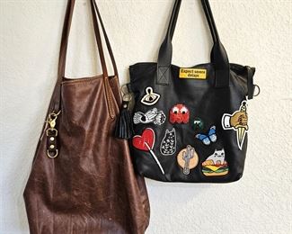  Brown Leather "FOUNT" Hobo Style Bag Purse Plus a Fun Black Leather Purse Decorated w/ Character Patches 