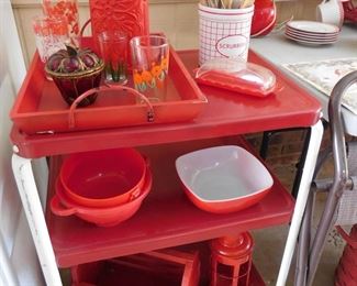 Red and White Rolling Cart, Red Pyrex and Other Kitchen Decor