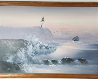 Original Lighthouse Seascape Oil Painting