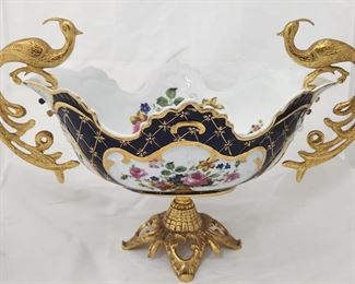 French Blue Peacock Gilded Porcelain Centerpiece