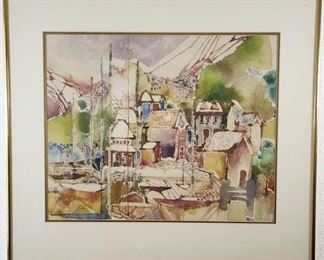 Framed Colorful Dock Watercolor Painting