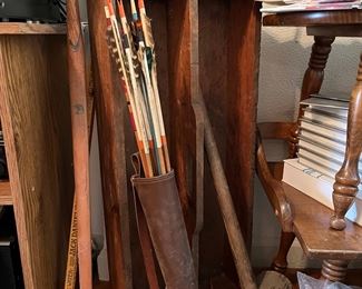 Primitive tool box, Mallet, and vintage archery
