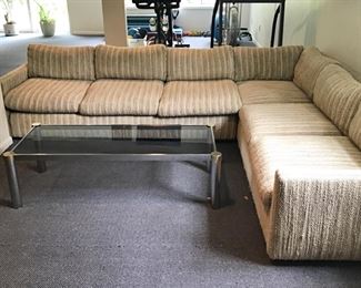 Milo Baughman Style Sectional Sofa, Chrome and Smoked Glass Cocktail Table