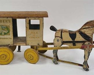 VINTAGE BORDEN'S DAIRY CART TIN & WOOD PULL TOY
