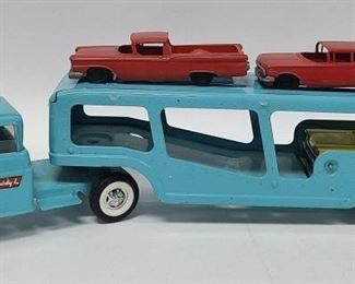 VINTAGE BUDDY L BLUE CAR HAULER & 3 CARS