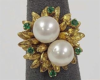 VINTAGE 14K GOLD & CULTURED PEARL FLOWER RING